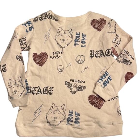 Chaser Revolve True Love Graphic Print Crew Au Lait Sz XS Wolves Hearts Boho NWT - Picture 3 of 8
